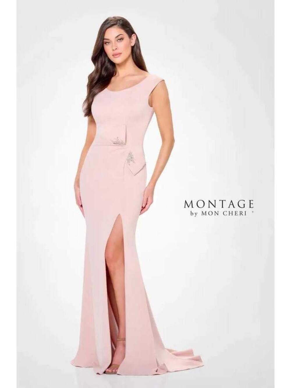 $700 Montage by Mon Cheri Blush Pink Bow Mermaid Formal Gown Size 6 MOB Sample
